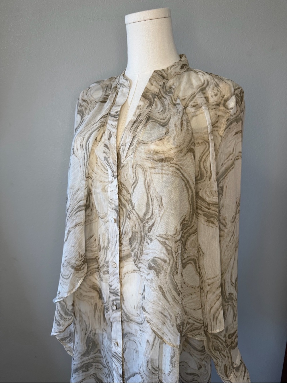 Chico's Marble-Print Sheer Blouse in Neutral Beige and Cream